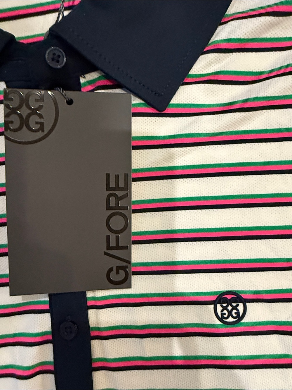 G/FORE Navy Collar White Polo with Pink & Green Stripes